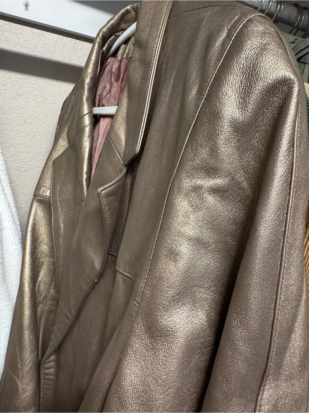 Vintage Metallic Taupe Leather Blazer with Mauve Lining - Picture 4 of 5